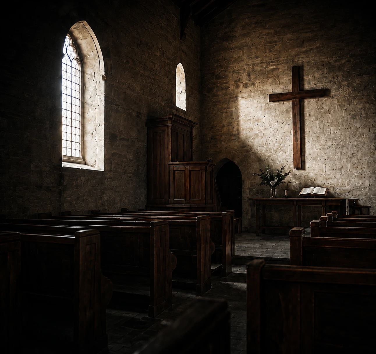 Sunlight entering a stone sanctuary with a wooden cross and an open Bible